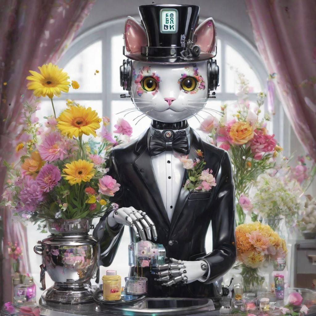 Kawaii Cat Robot Butler Arranging Flowers
