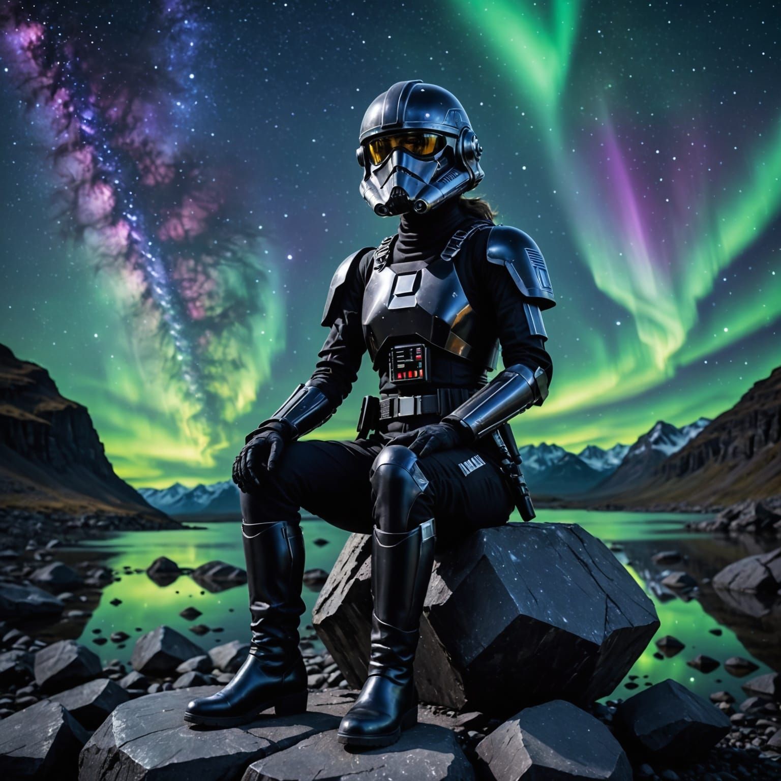 Mandalorian TIE Fighter Pilot Under the Northern Lights