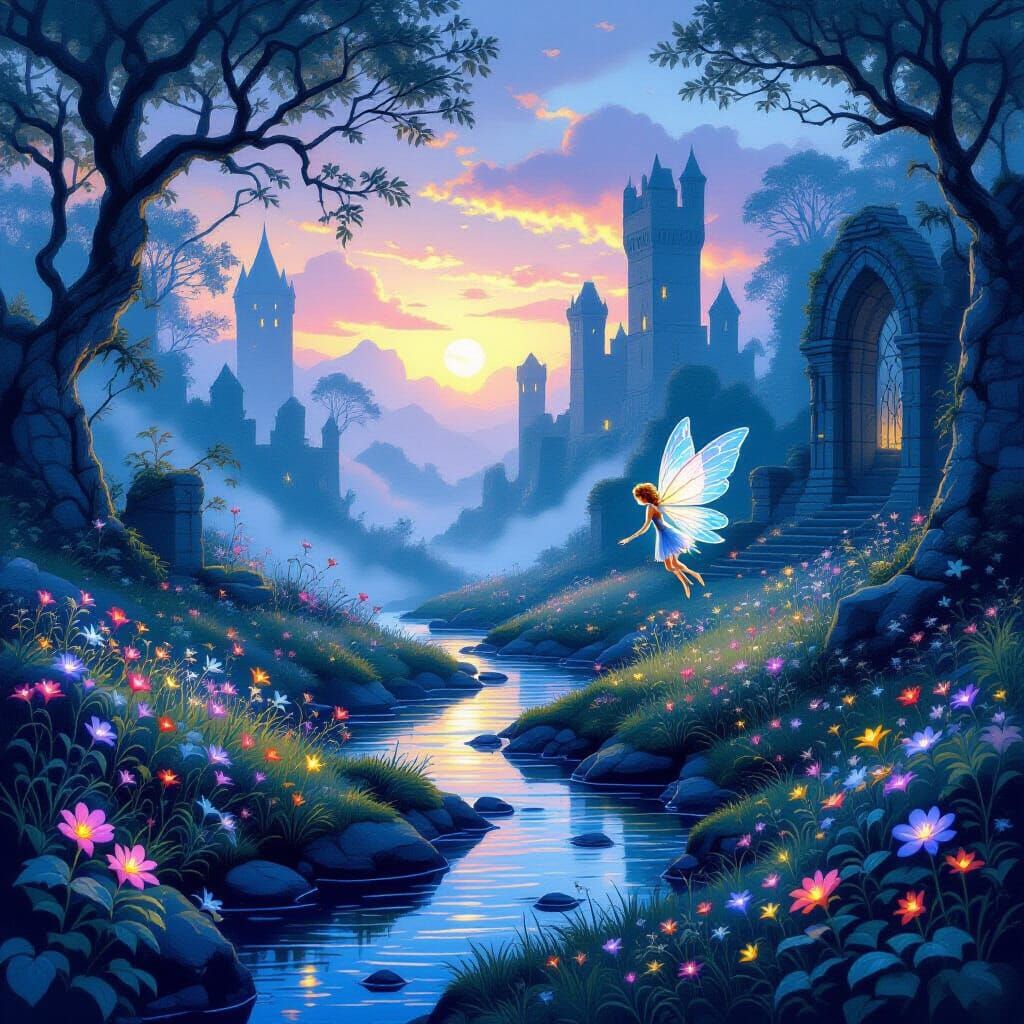 Enchanting Fairy in Misty Medieval Landscape at Twilight