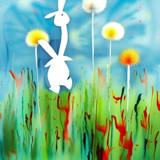 Dripping Watercolor Rabbits in Dandelion Field