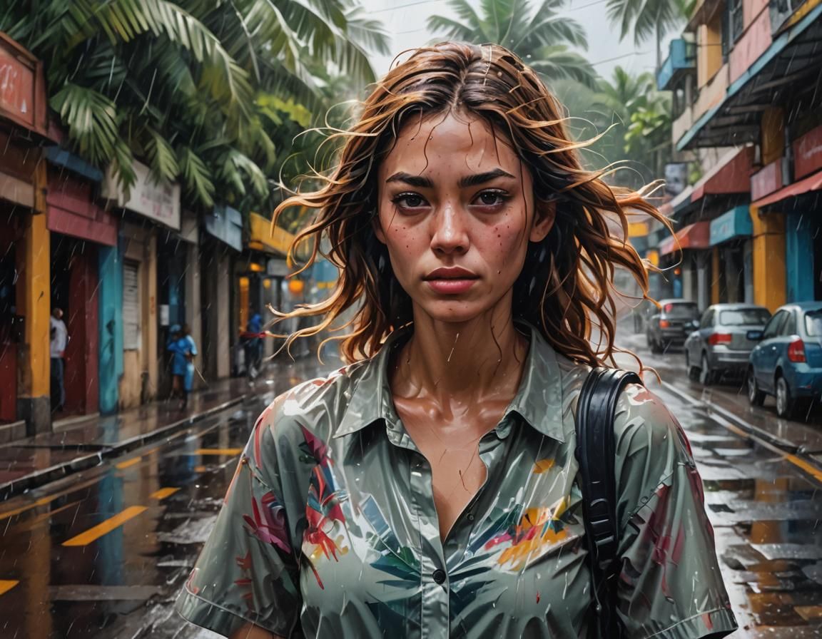 Young Woman on Shady Tropical Street