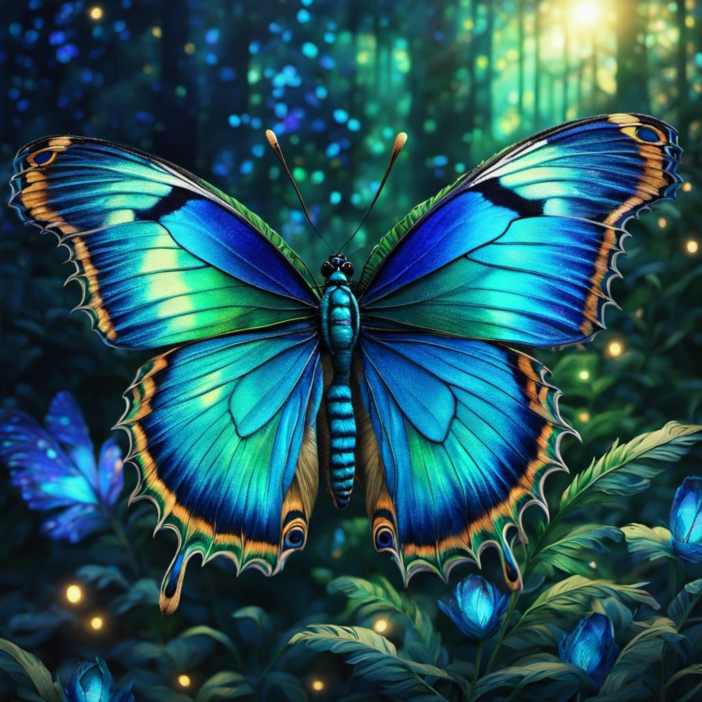 Peacock Feather Butterfly in Twilight Garden Painting