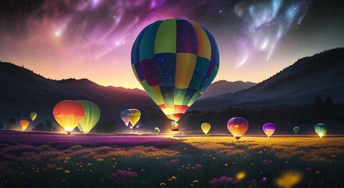 Bioluminescent Hot Air Balloons Under Cosmic Sky