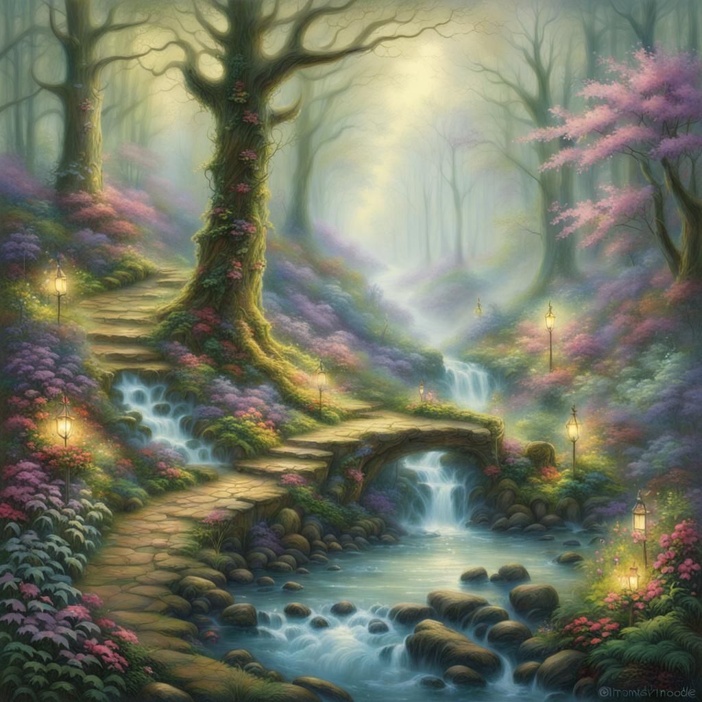 Ethereal Enchanted Forest in Thomas Kinkade Style