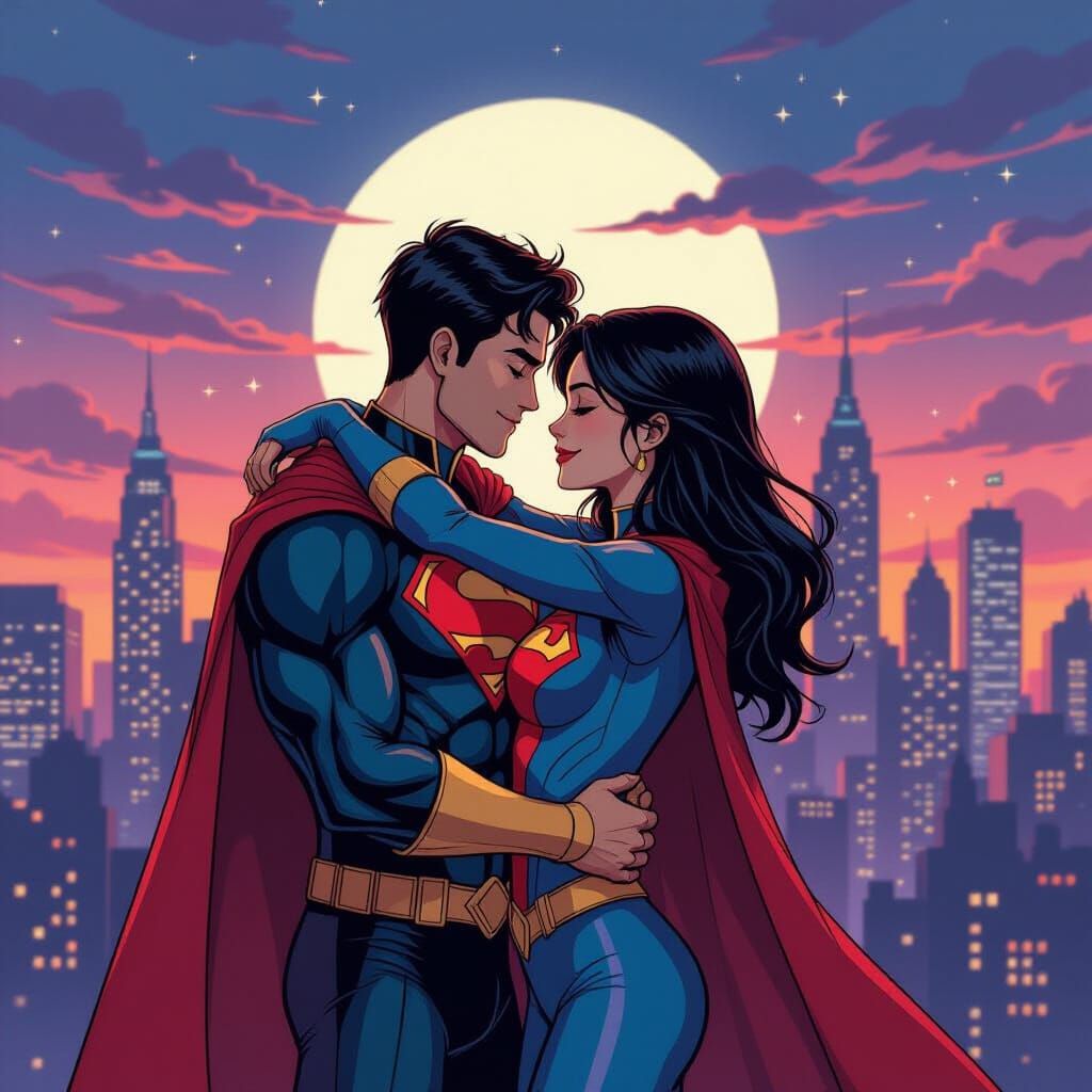 Superhero Couple Embrace in Romantic Realism Style