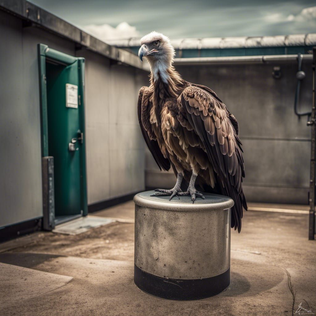 Vulture perched next to a public toilet, looking disappointed, it smelt like it had been dead a week.
