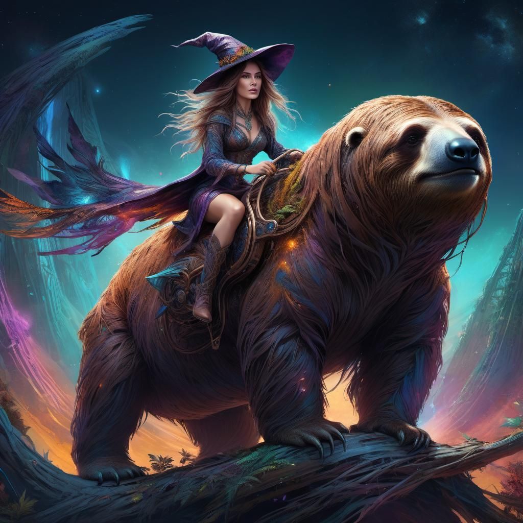 Mystical Witch Rides a Giant Sloth in Digital Art