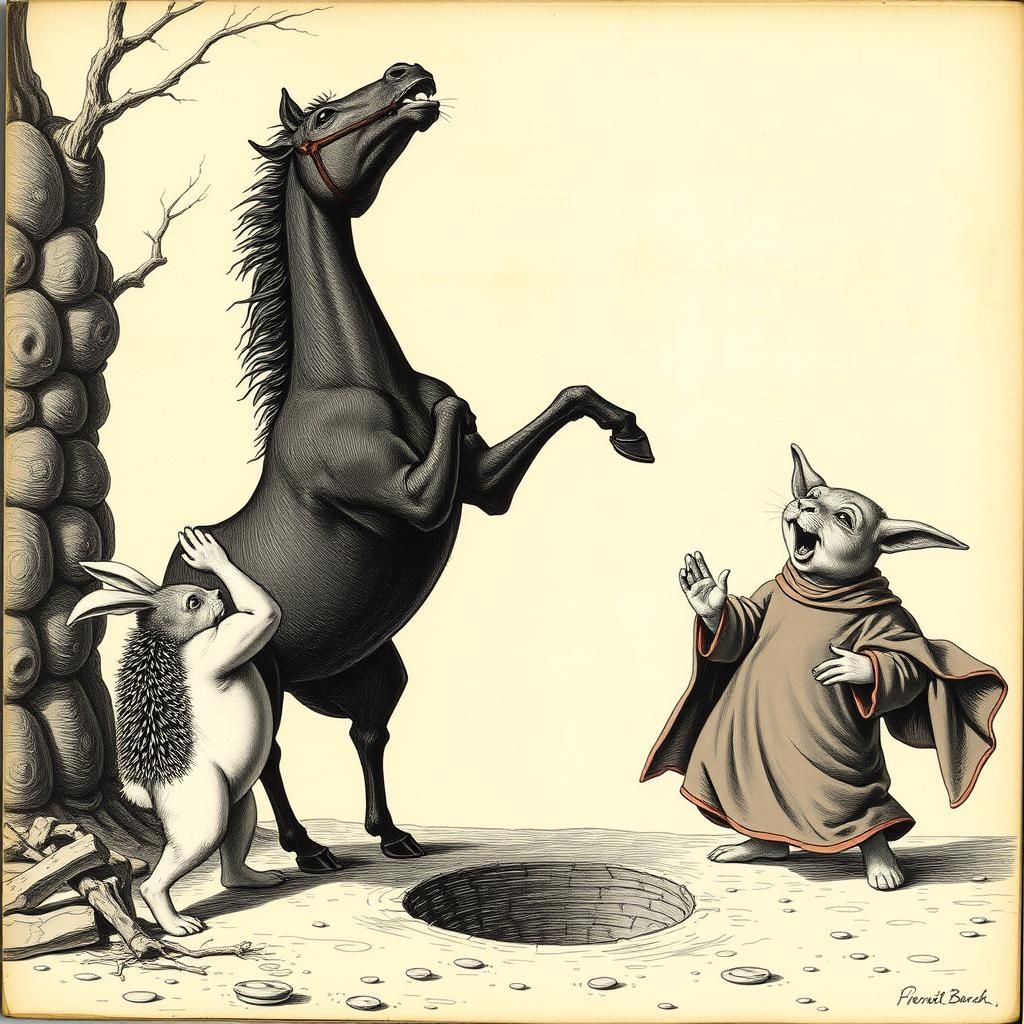 Surreal Scene with Hedgehog, Horse, Rabbit, and Vampire