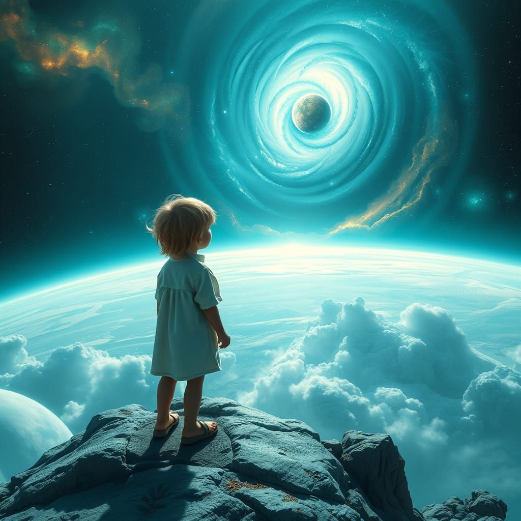 Child Gazes at Nebula on Turquoise Planet