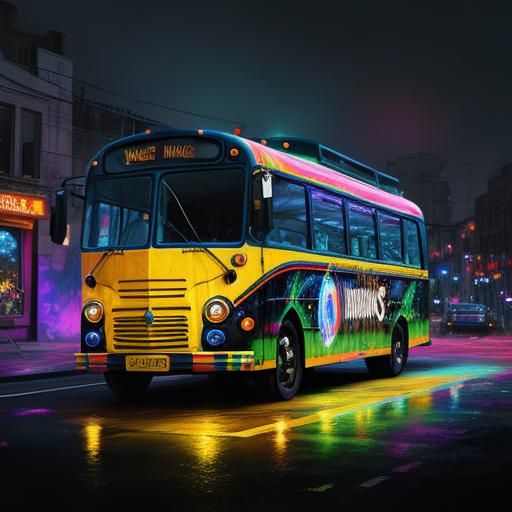 Hyperrealistic Neon Circus Bus in Splash Art Style