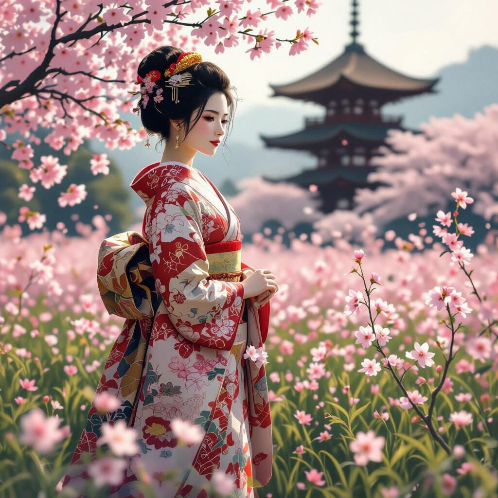 Japanese Princess in Cherry Blossoms, Ukiyo-e Style