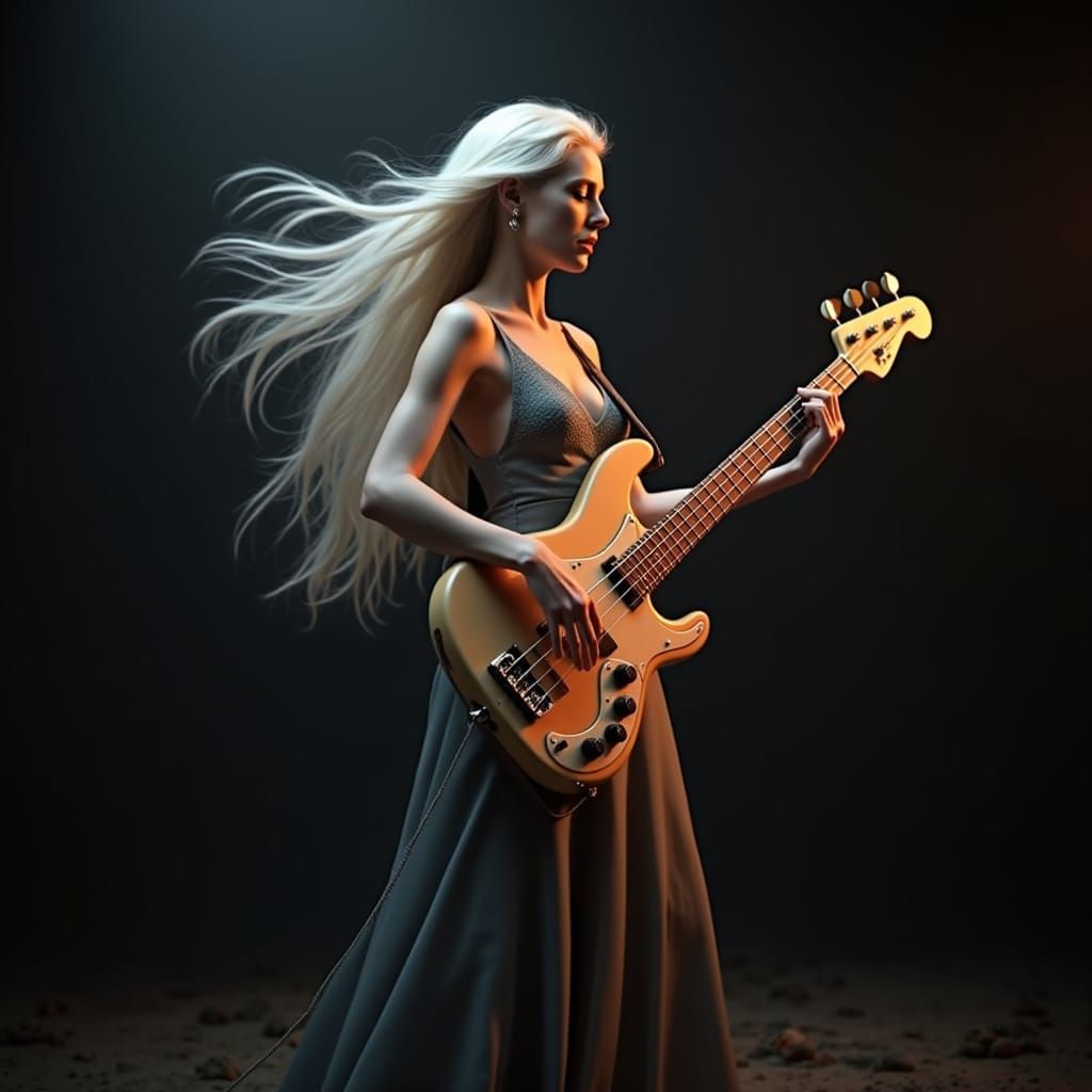 Ethereal Bassist in Cinematic Landscape