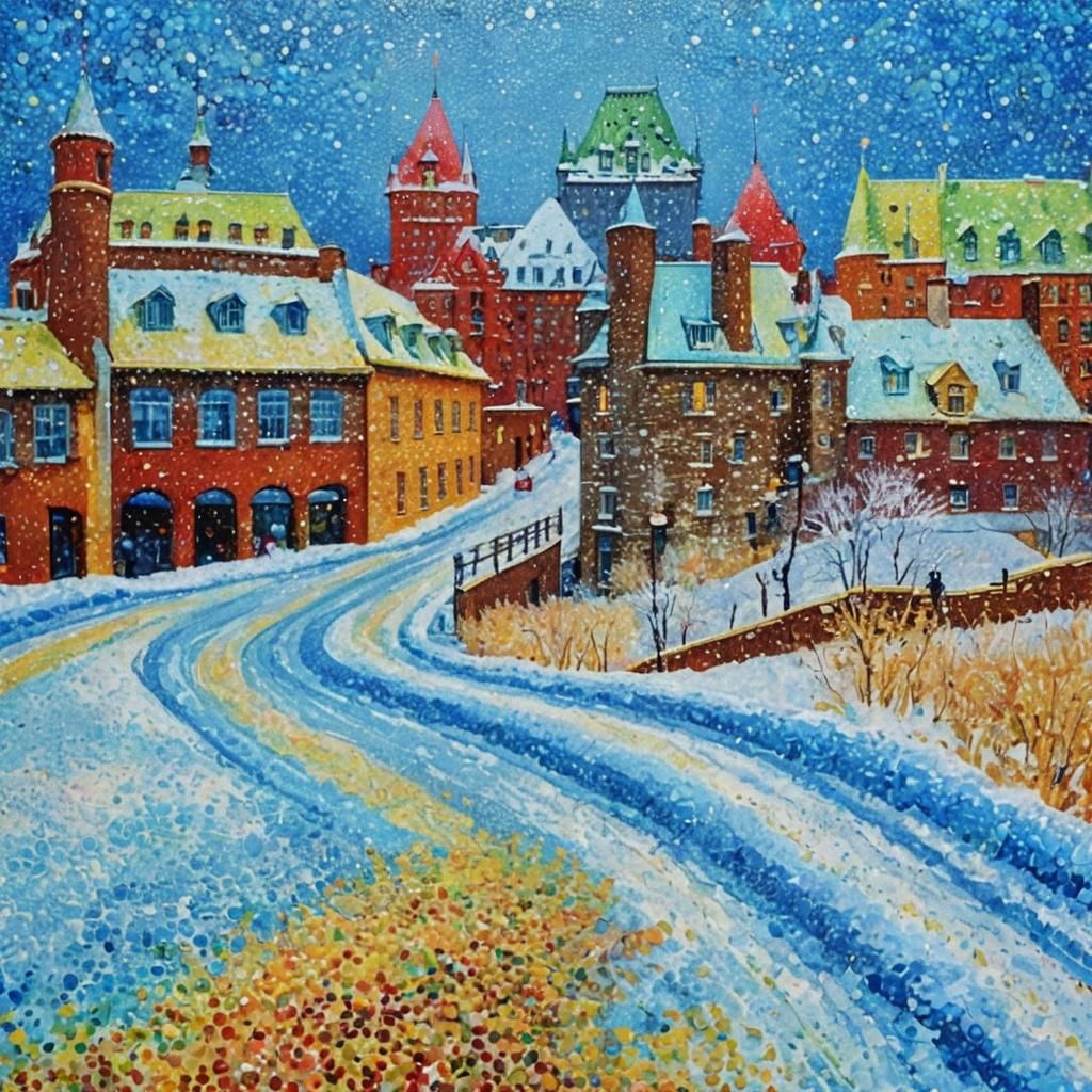 Château Frontenac in Pointillist Double Exposure Style