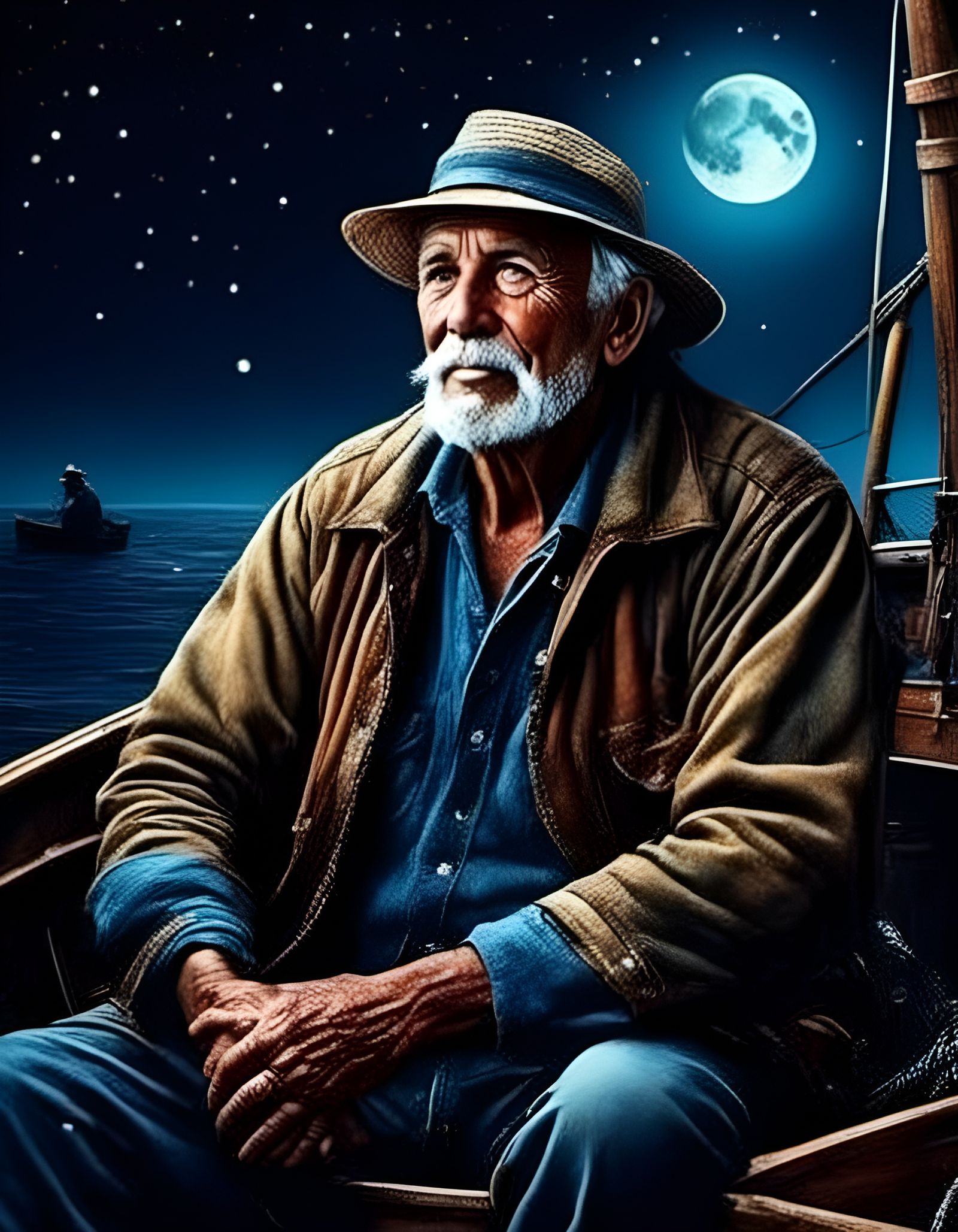Moonlit Portrait of Elderly Fisherman in Boat
