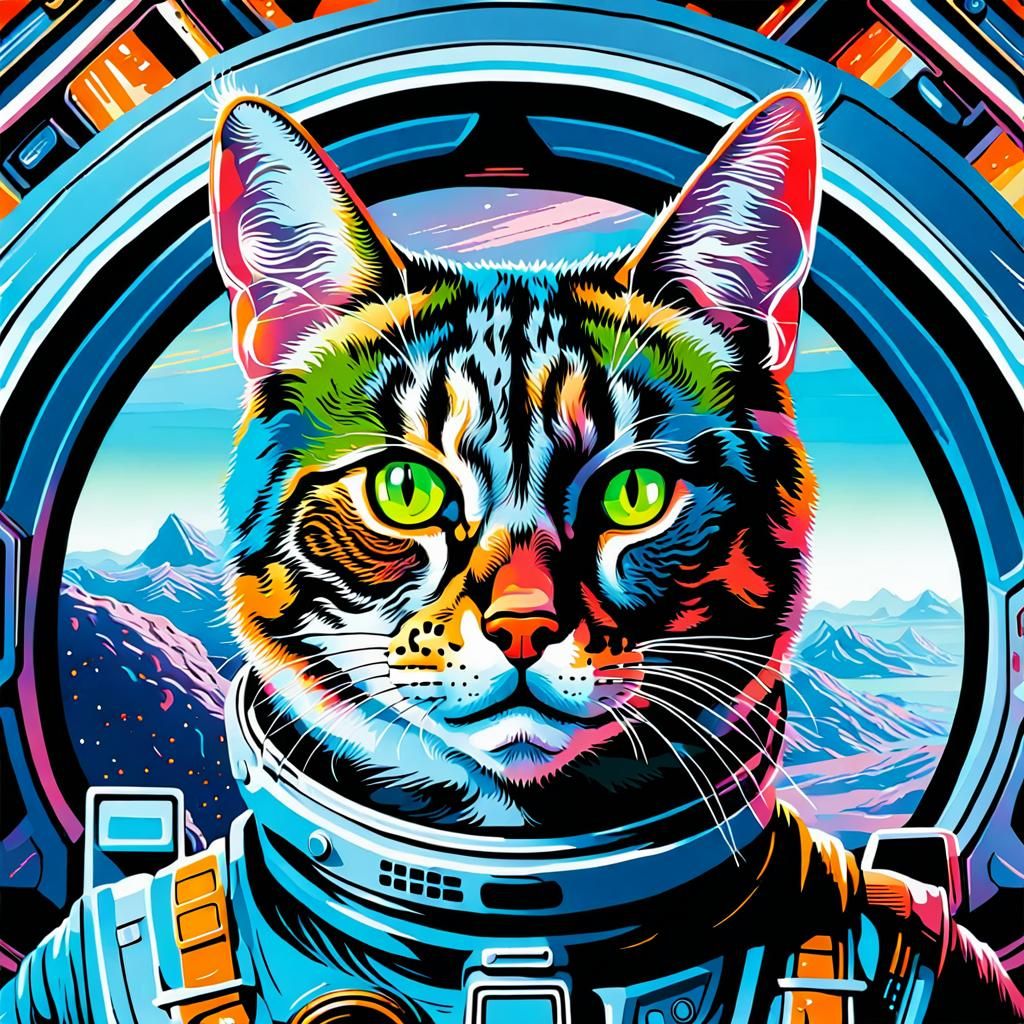 Engineer Cat on Spaceship in Sci-Fi Style