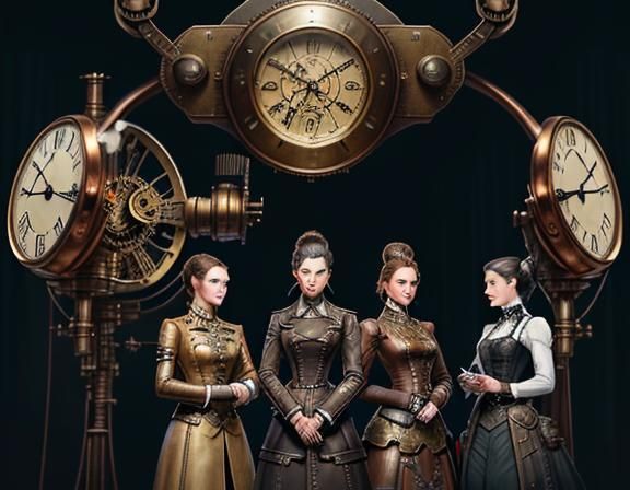 Steampunk Women in Time Machine: Cinematic Digital Art