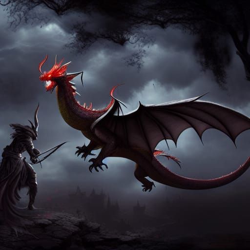 Undead Dragon Rider Destroys Village: Fantasy Masterpiece