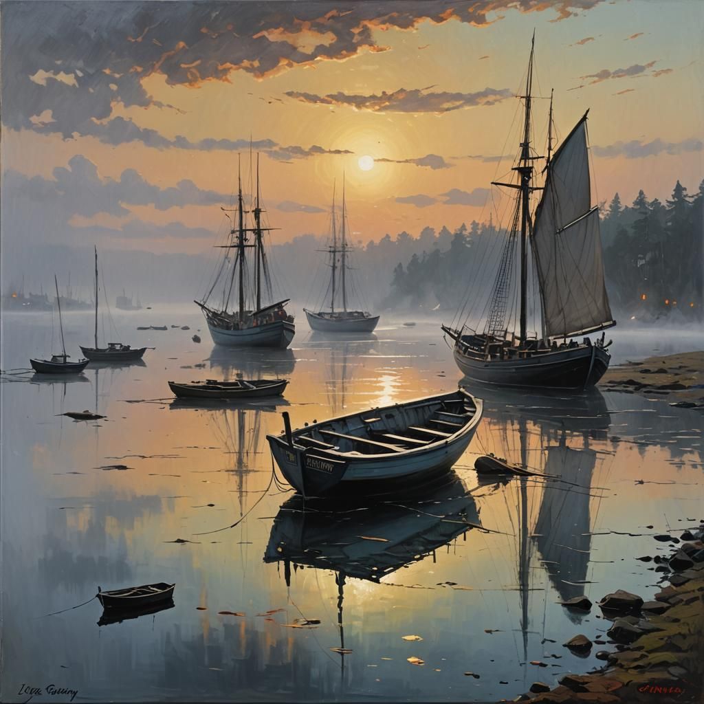 Sunrise Boats in Mist: Sinister Oil Painting