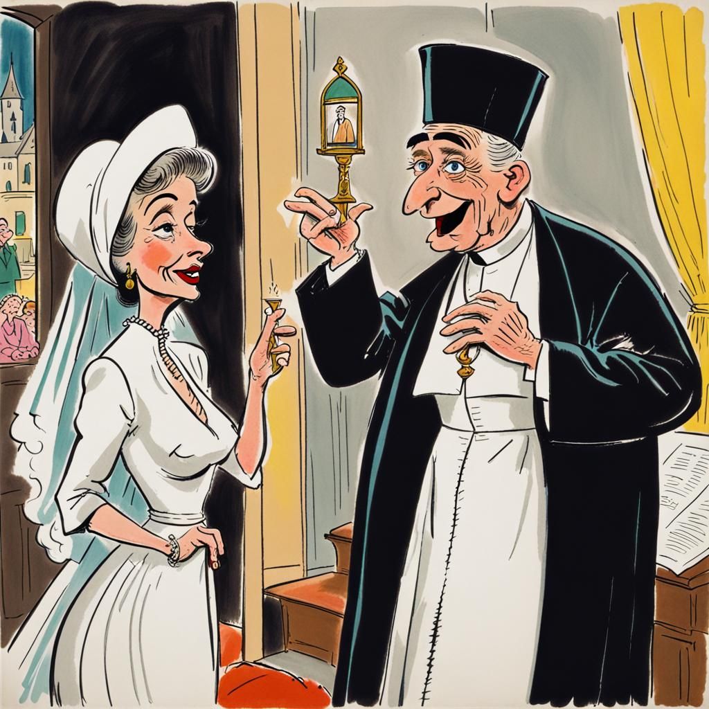Humorous Cartoon of Woman Seducing Priest