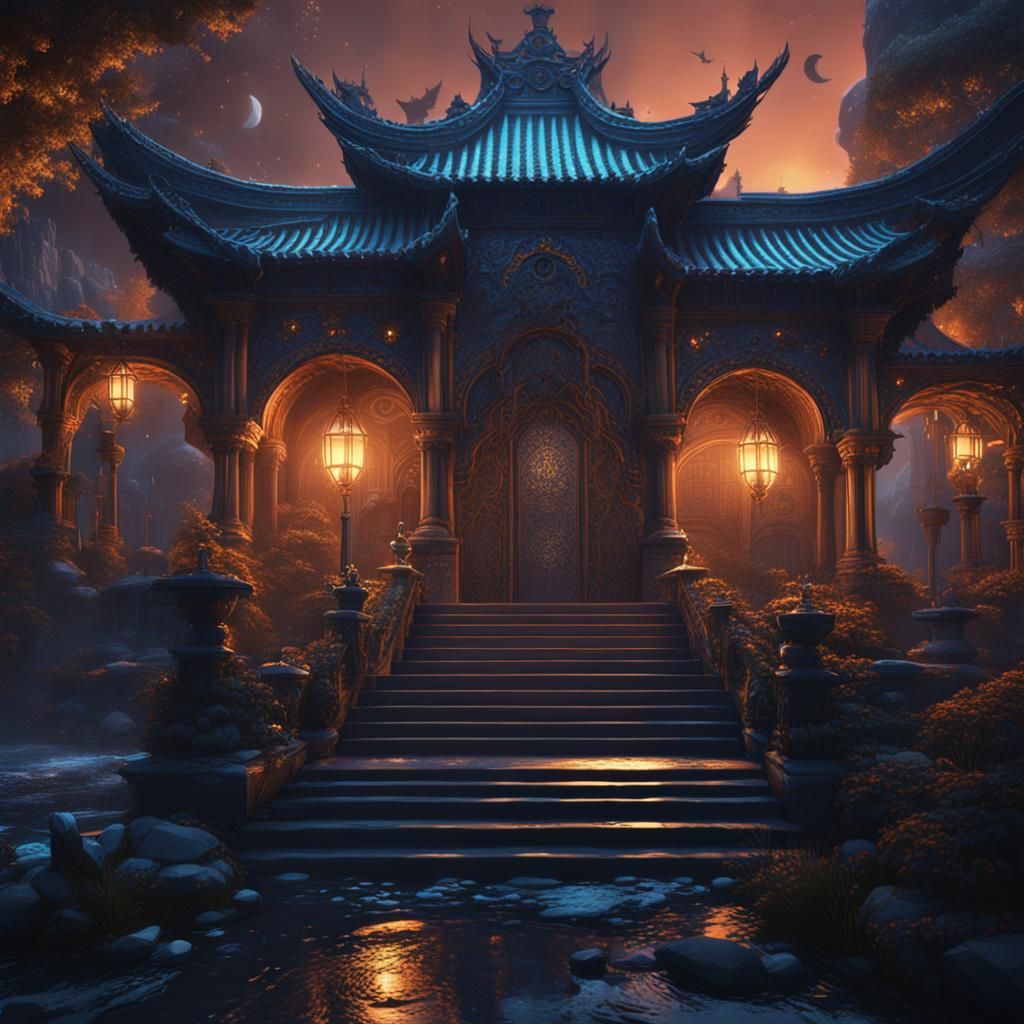 Fantastical Temple at Midnight: Detailed Matte Painting