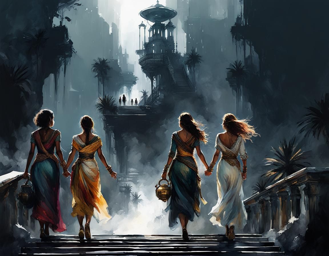 Diverse Women Ascend Stairs in Digital Watercolor