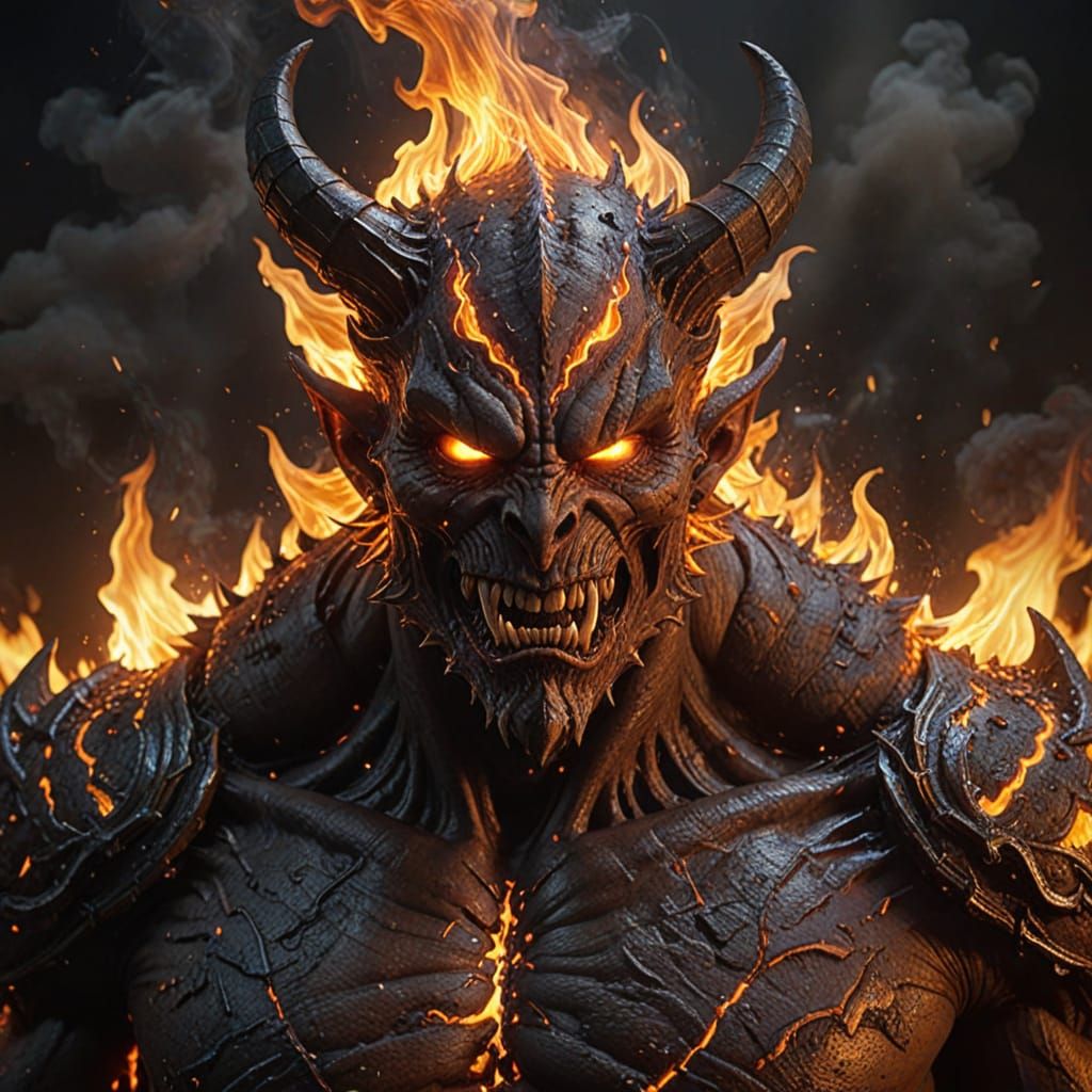 Surreal Demon Emerges from Ashes in Fiery Glory
