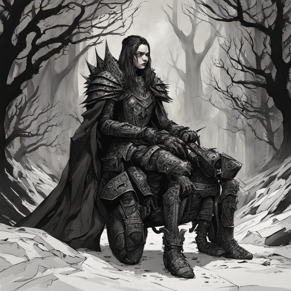 Dark Fantasy Queen Hugs Rubbish in Jagged Armor