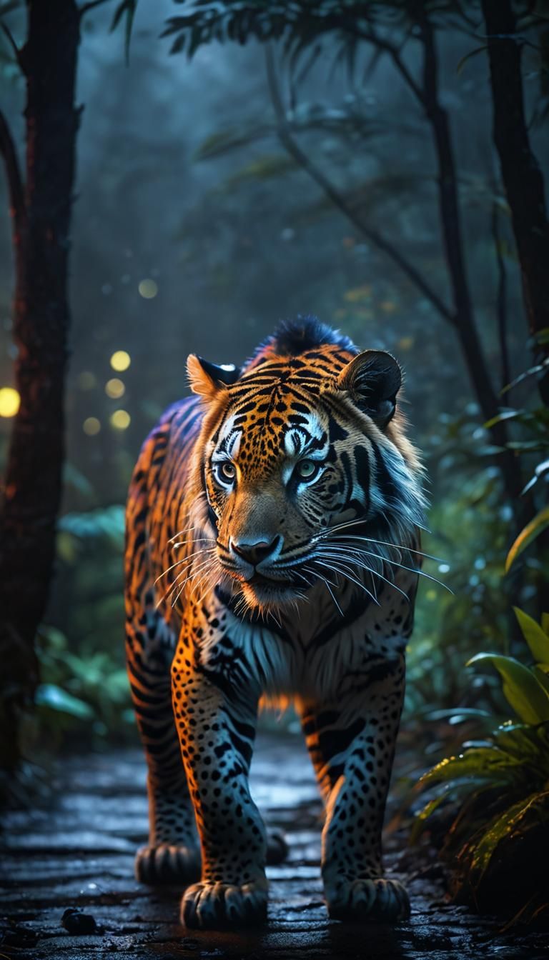 Exotic Beast in Neon-Tinged, Misty Night Landscape