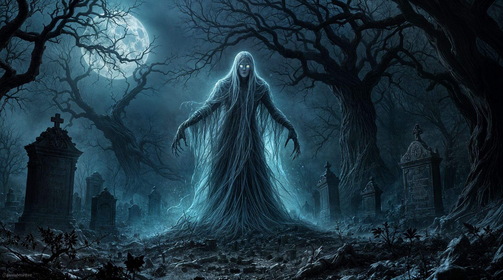 Ethereal Ghostly Spirit Rises from Ancient Tombstones