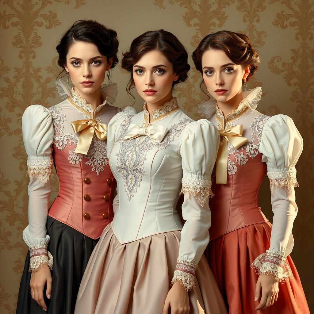 Elegant Women in High-Collared Blouses