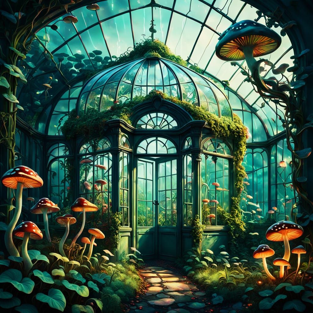 Surreal Greenhouse Overtaken by Glowing Fungi