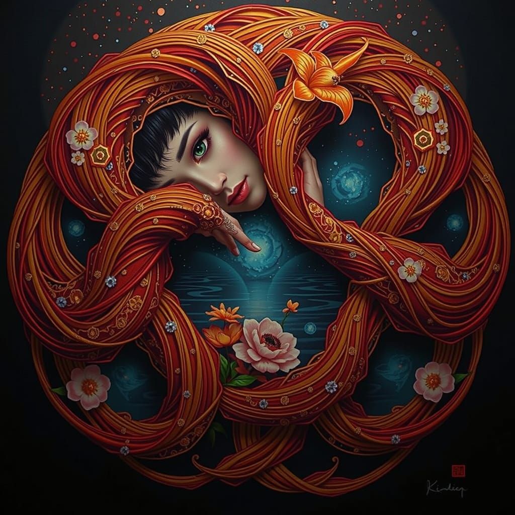 Hyperrealistic Geisha Portrait with Mirrored Reflection