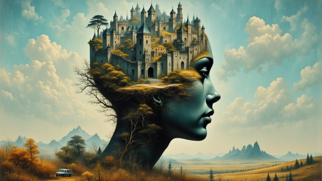 Surrealist Oil Painting: Woman's Head with Medieval Castle I...