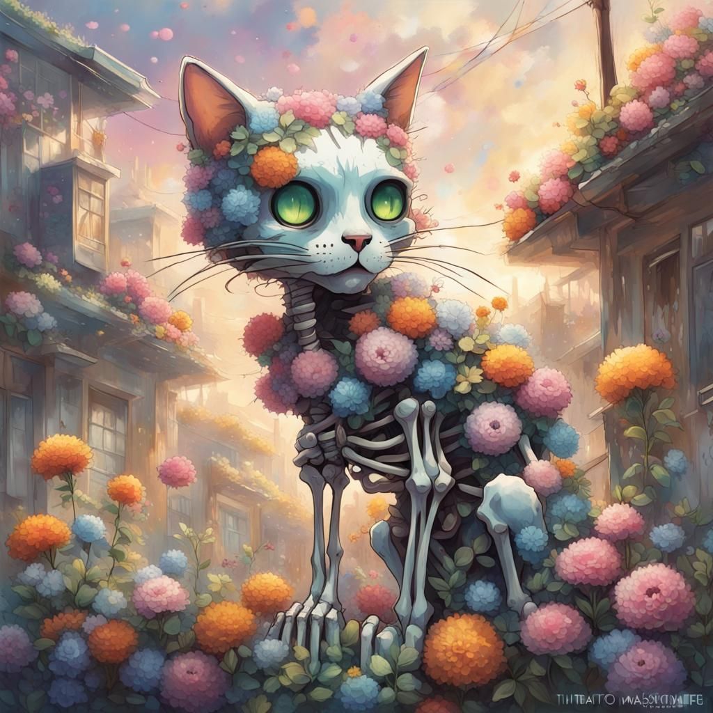 Anime Skeleton Cat Graffiti Art with Flowers