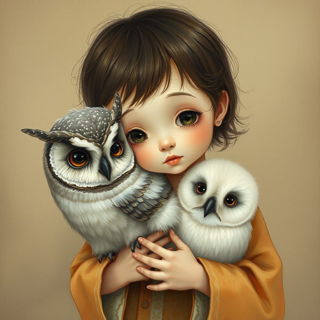 Child Holding Owl with Warm Tones in Sumi-e Style