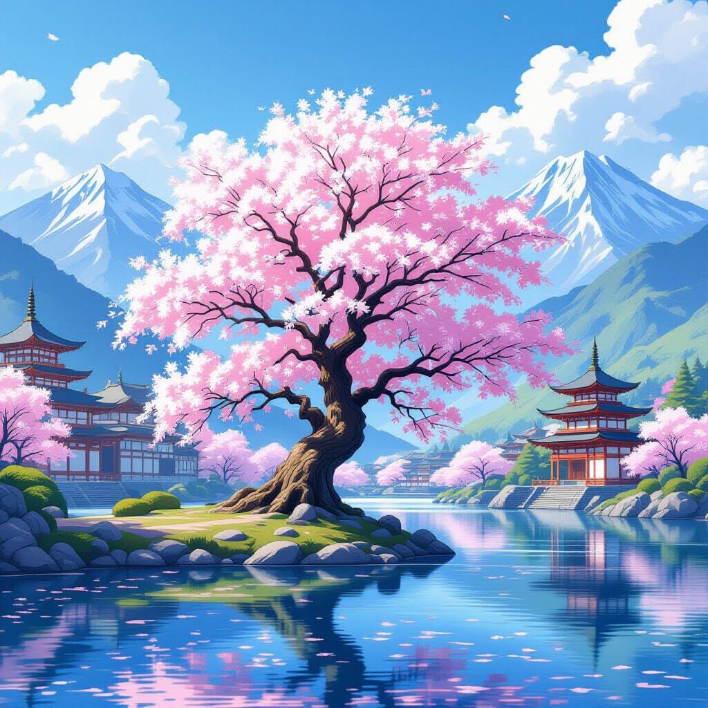 Sakura Tree by Lake: Studio Ghibli Anime Key Visual