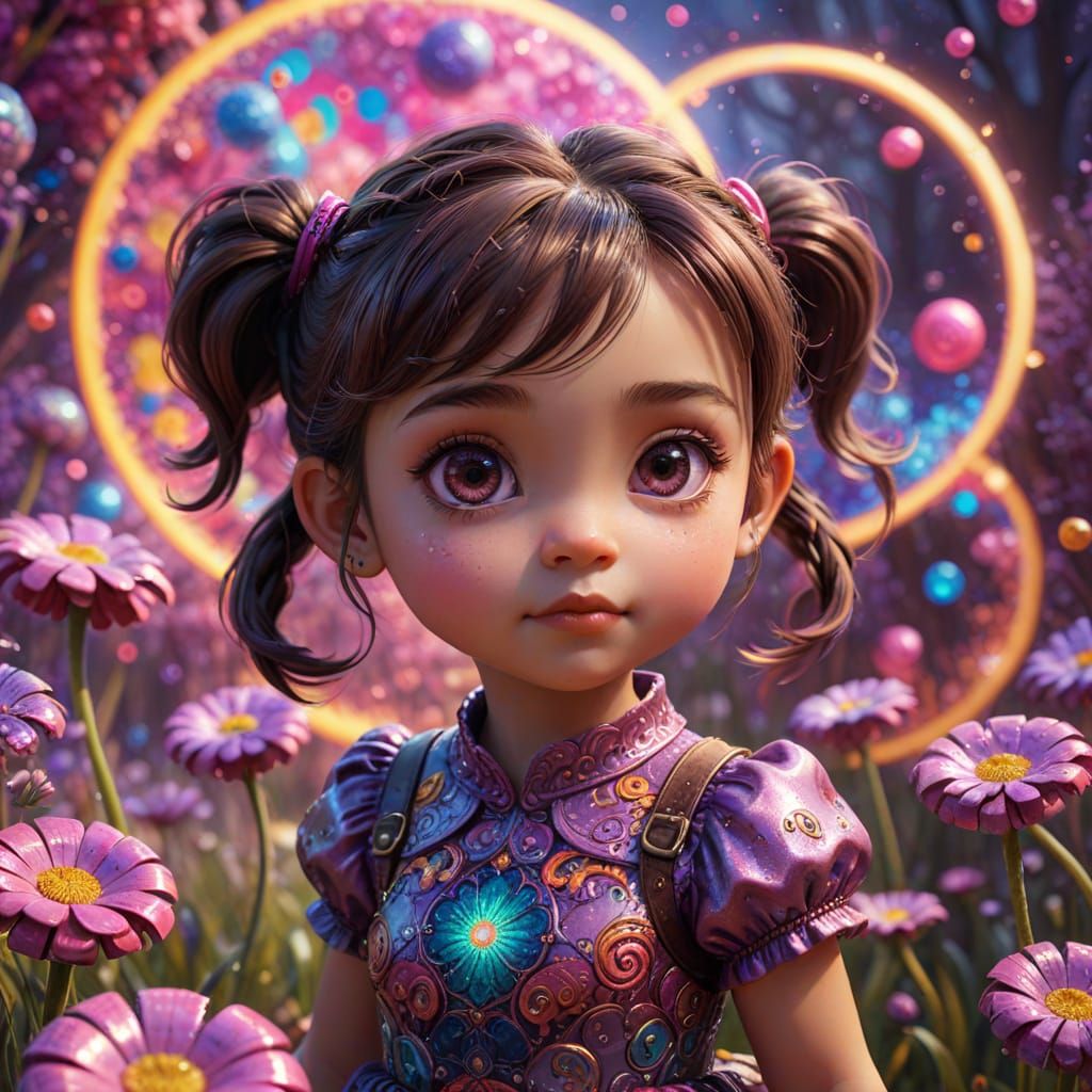 Hispanic Toddler Girl in Psychedelic Fractal Dreamscape