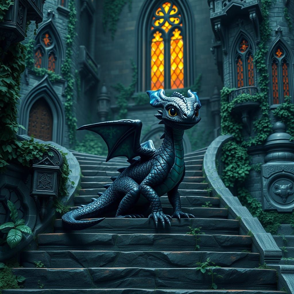 Mystical Black Dragon Sits Regally on Medieval Castle Steps