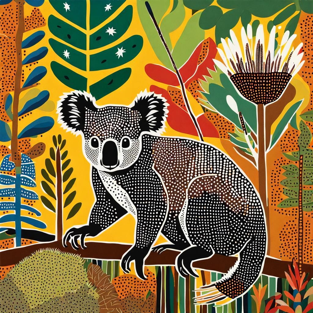Australian Wildlife in Indigenous Dot Art Style