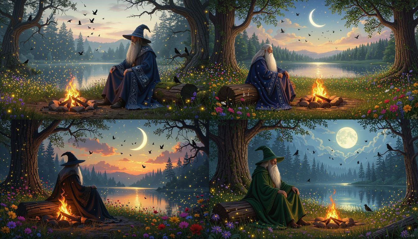 Wizard Sits by Forest Fire as Dusk Falls