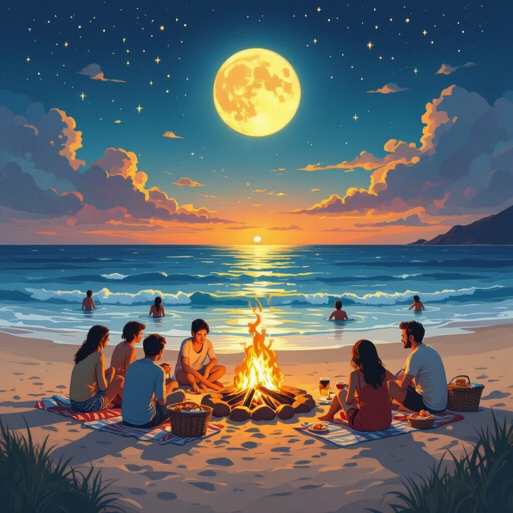 Beach Bonfire at Sunset in Whimsical Style