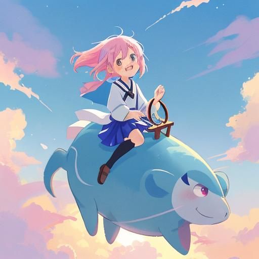 Anya Forger and Bond on Cloud in Anime Style