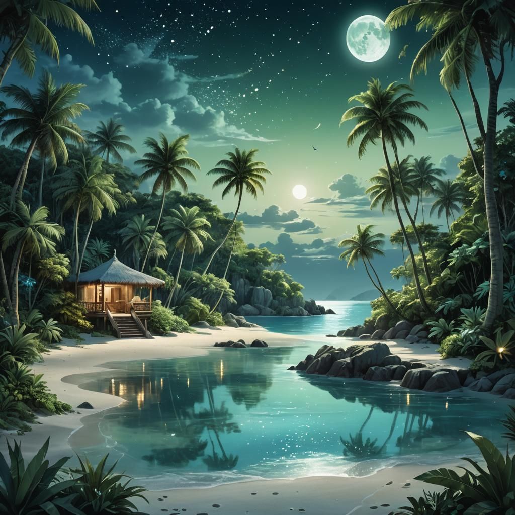 Island Oasis Under Moonlight: Digital Painting Utopia