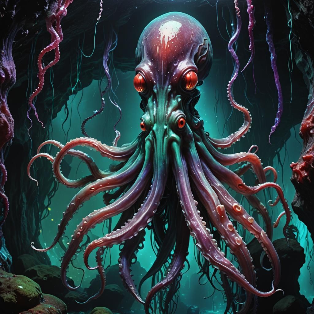 Bioluminescent Squid in Underwater Horror Scene