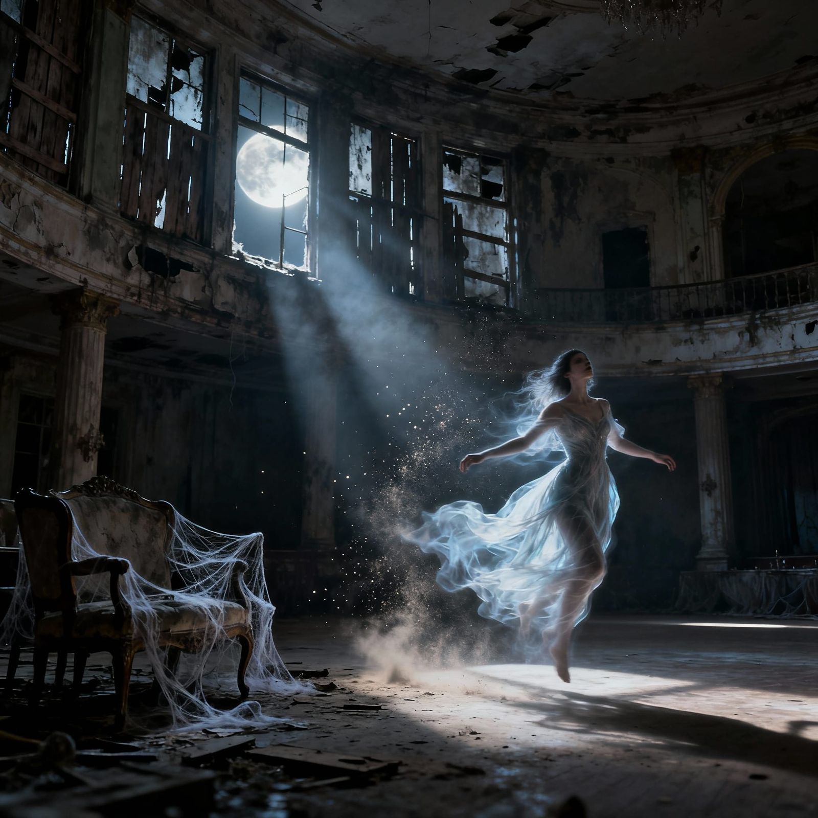 Ethereal Ghost Dancing in Moonlit Abandoned Ballroom