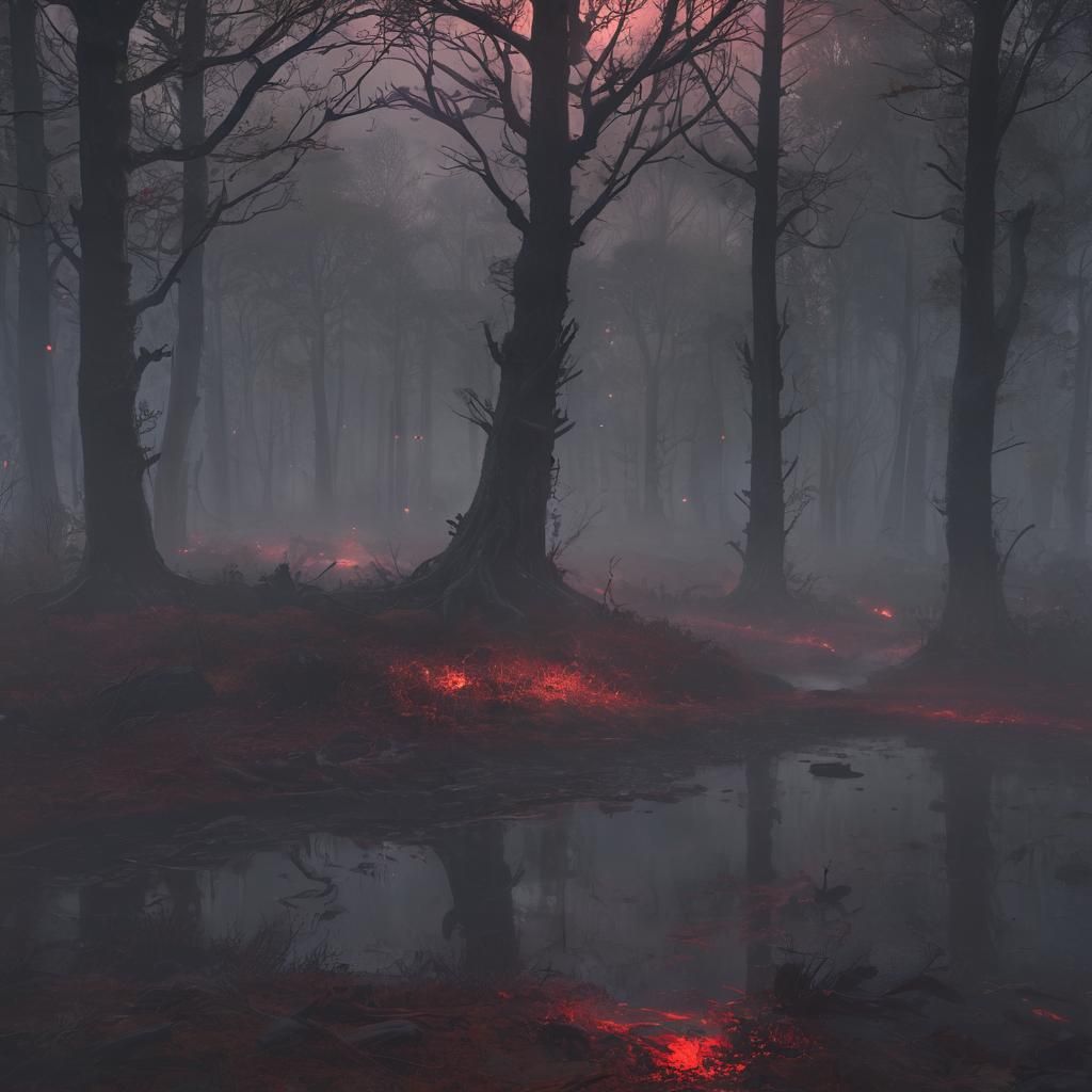 Mystical Forest at Night with Red Glow