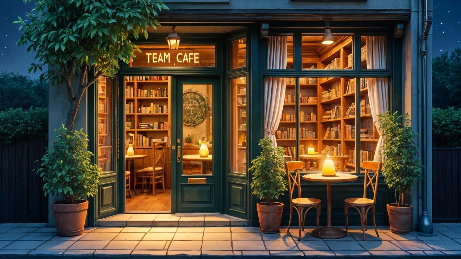 Cozy Cafe at Night in Digital Art Style