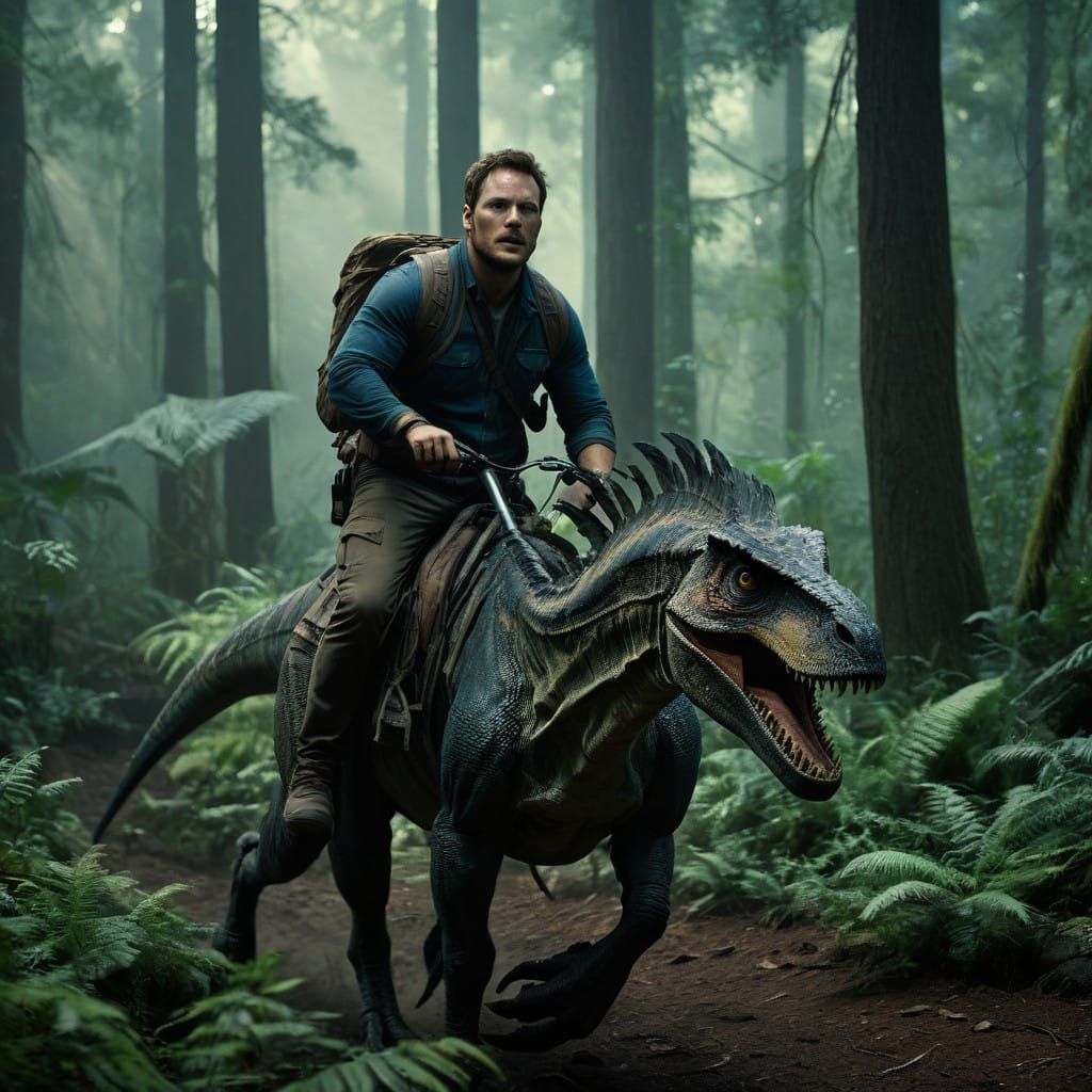 Owen Grady Rides Majestic Velociraptor Through Misty Forest