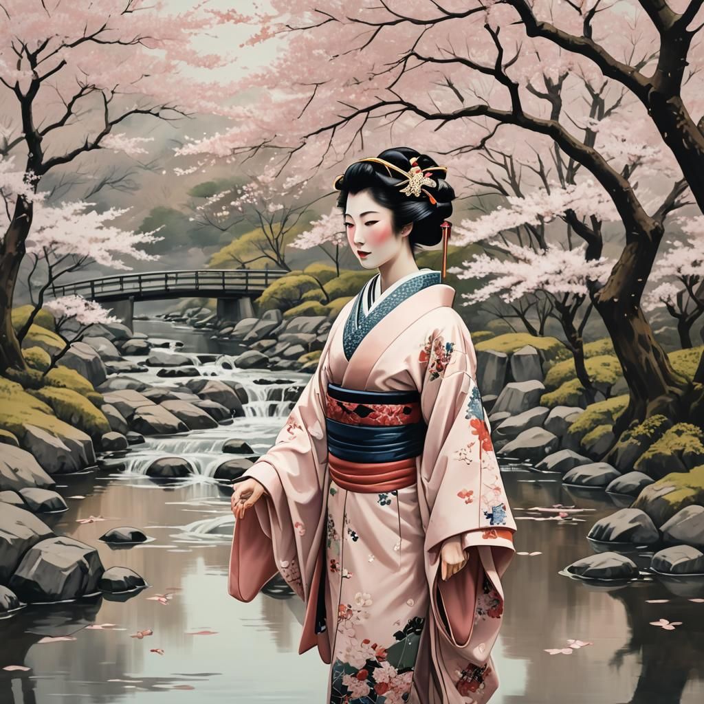 Geisha Walks Under Cherry Blossoms: Ukiyo-e Style