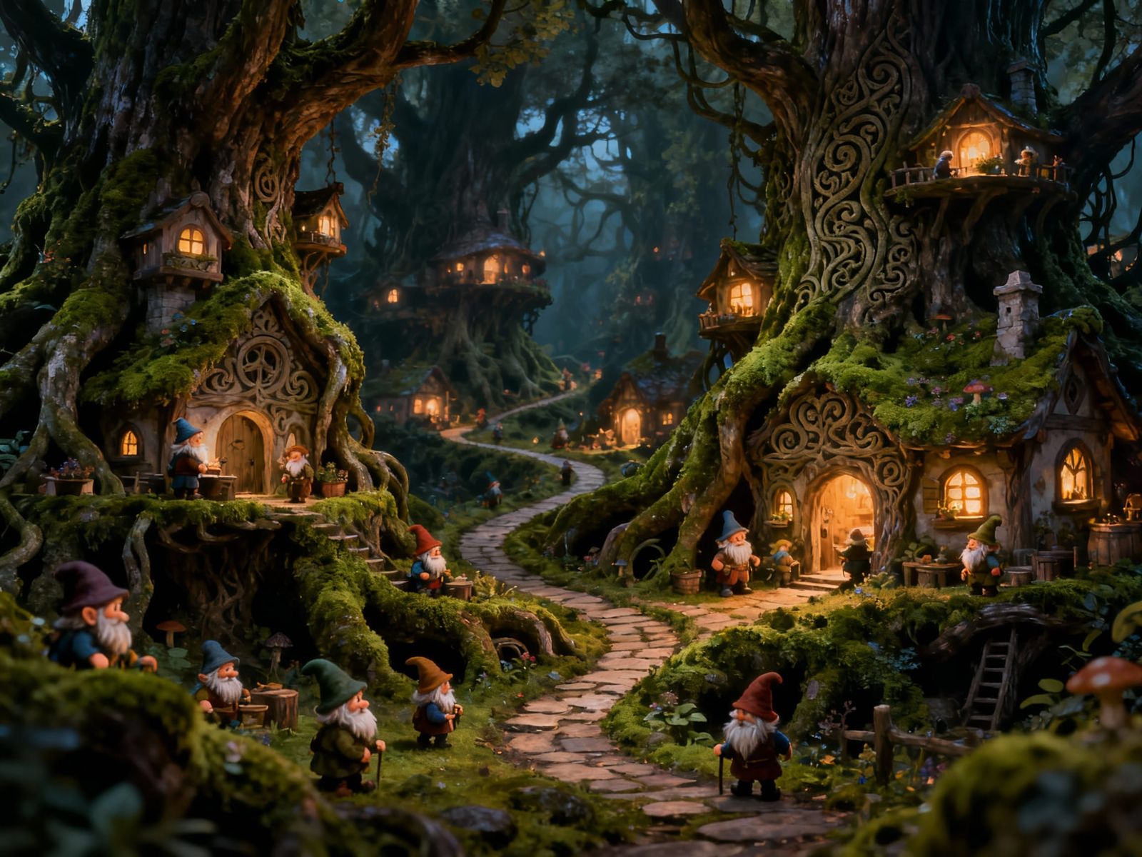Cozy Dwarf Town Among Tree Roots in Dark Fantasy Style